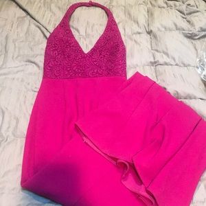 fuchsia lace halter top backless gown